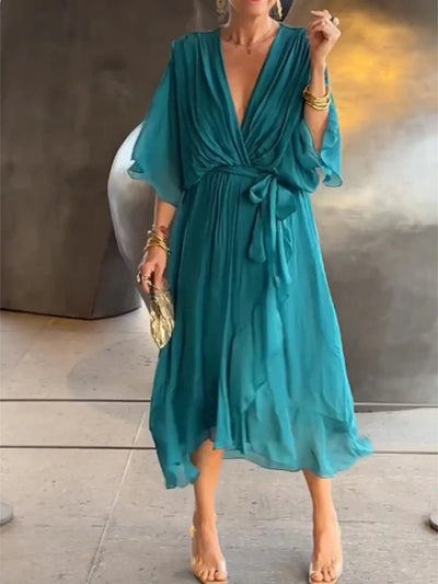 Flowy Tie Front Midi Dress with Flutter Sleeves - alternate view 10