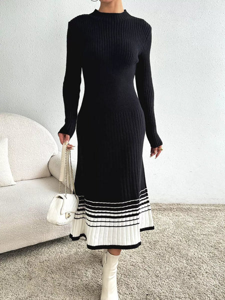 Ribbed Knit Sweater Dress with Striped Hem - alternate view 2