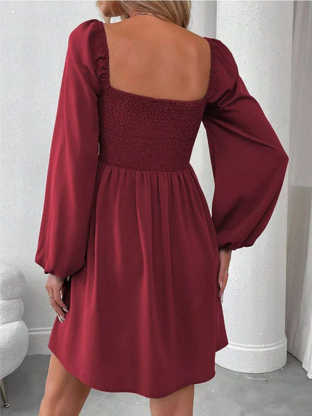 Ruched Square Neck Long Sleeve A-Line Dress - alternate view 6
