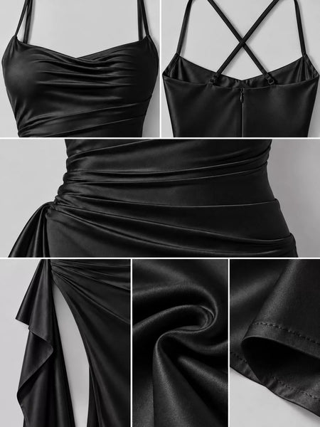 Satin Ruched High-Slit Maxi Dress - alternate view 16