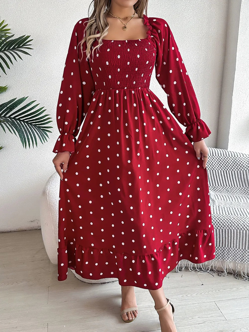 Polka Dot Flounce Sleeve Midi Dress - alternate view 4