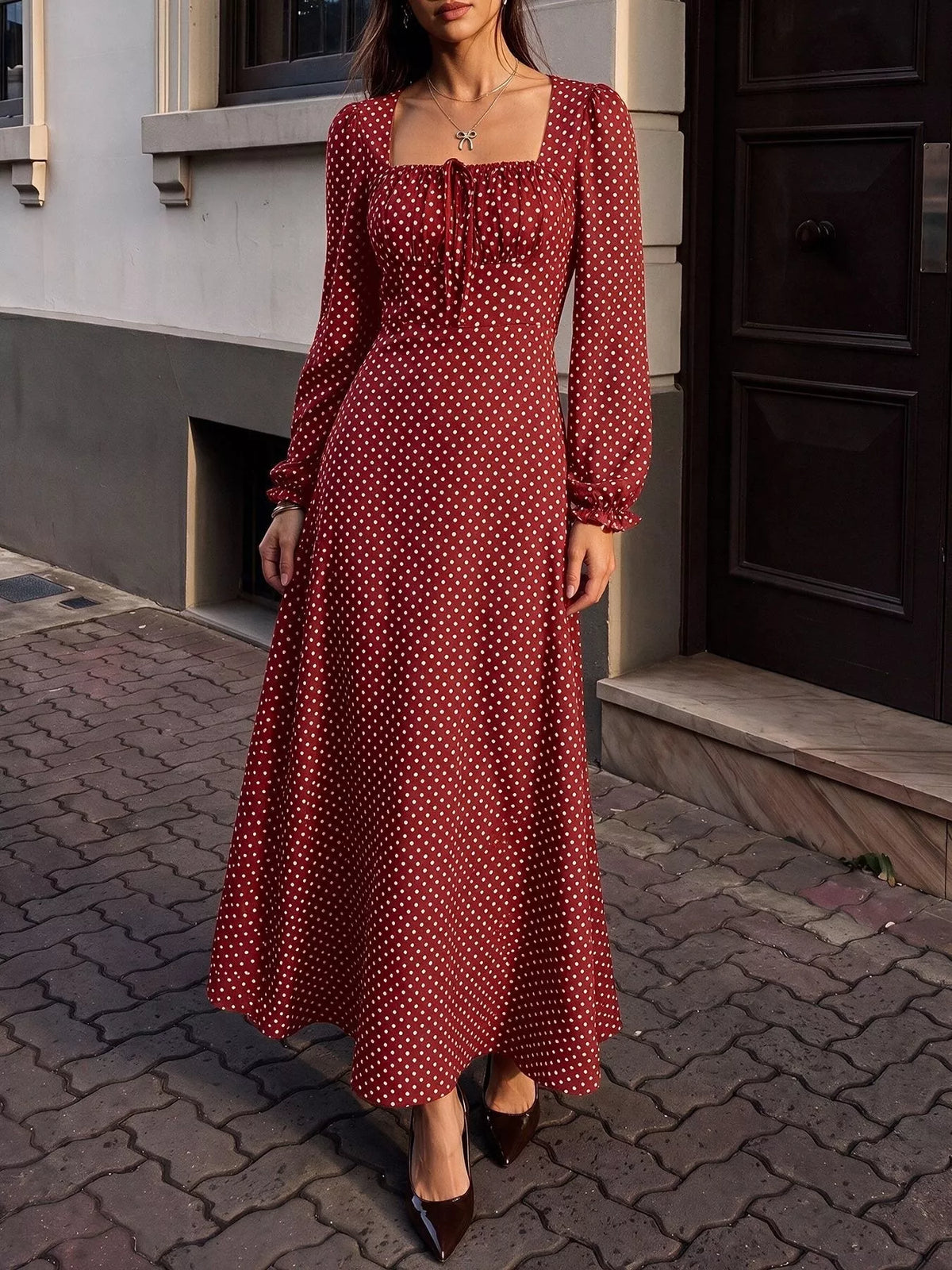 Square Neck Polka Dot Long Sleeve Maxi Dress - alternate view 4