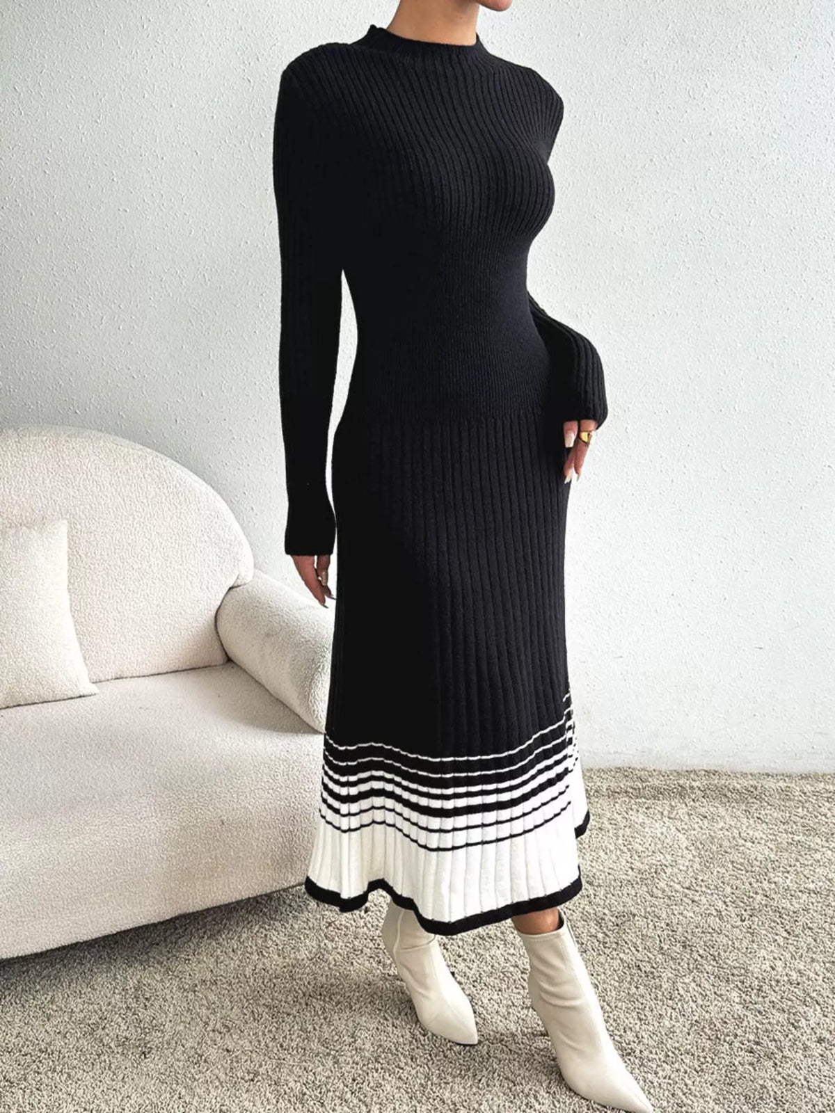 Ribbed Knit Sweater Dress with Striped Hem - alternate view 7