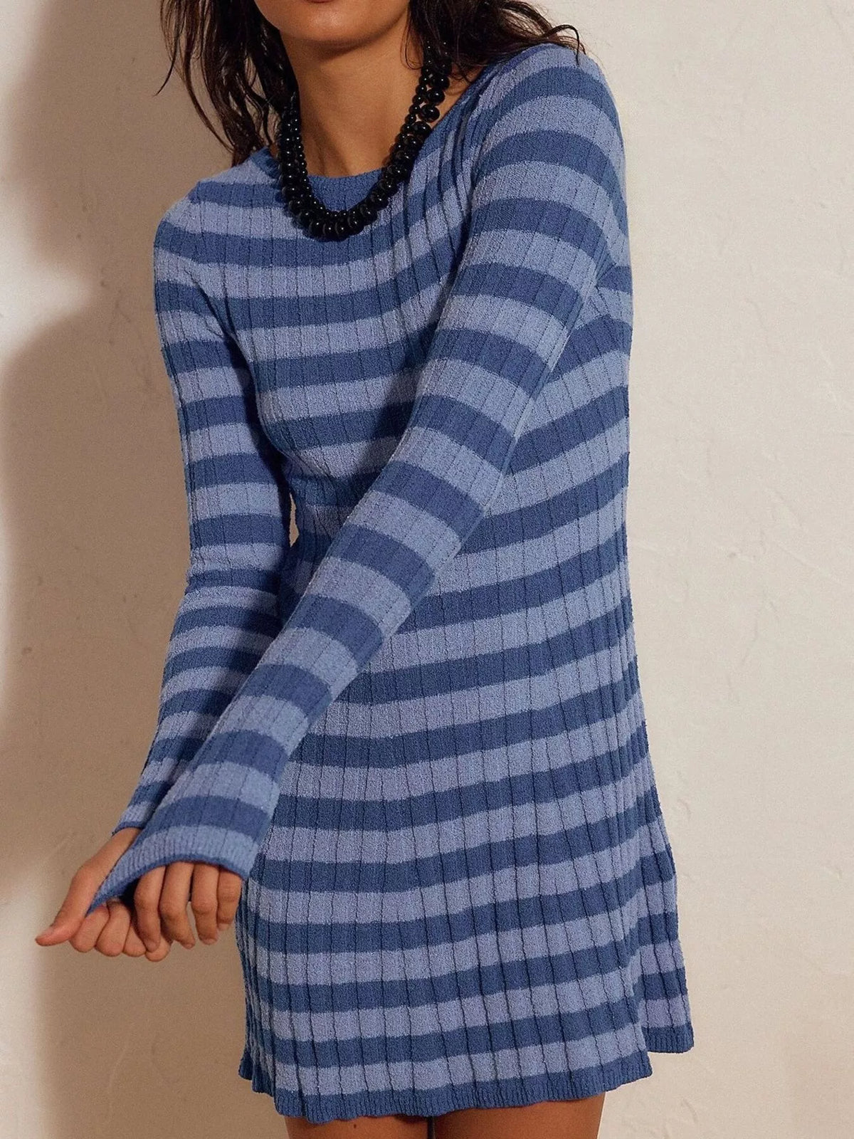 Striped Ribbed Knit Long Sleeve Sweater Dress - alternate view 5