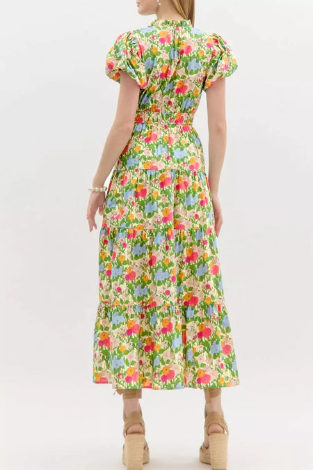 Floral Print V Neck Short Puff Sleeve Cotton Maxi Dress - alternate view 2