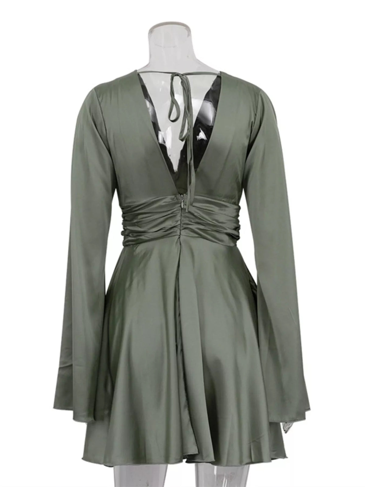 V-Neck Satin Mini Dress with Flowy Sleeves - alternate view 5