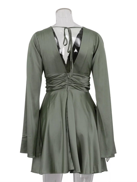 V-Neck Satin Mini Dress with Flowy Sleeves - alternate view 5