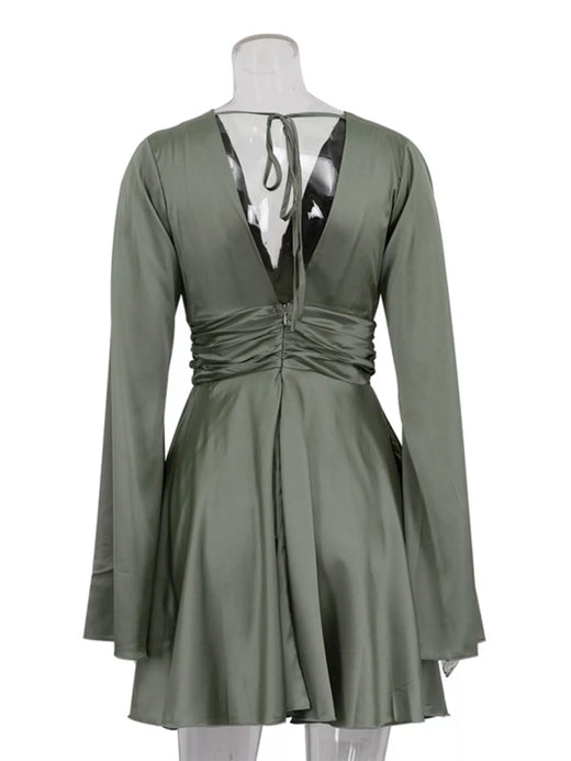 V-Neck Satin Mini Dress with Flowy Sleeves - alternate view 5
