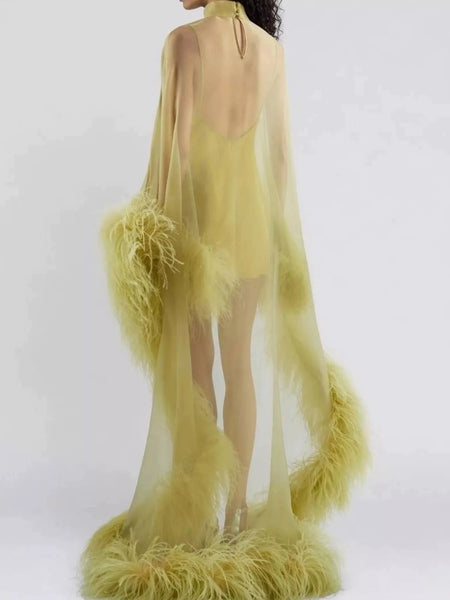 Feather-Trimmed Sheer Mock Neck Mini Dress - alternate view 4