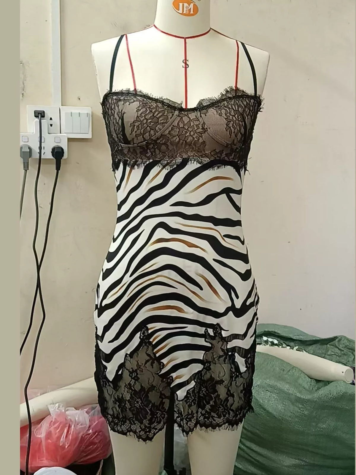 Zebra Print Lace Trim Spaghetti Strap Mini Dress - alternate view 4