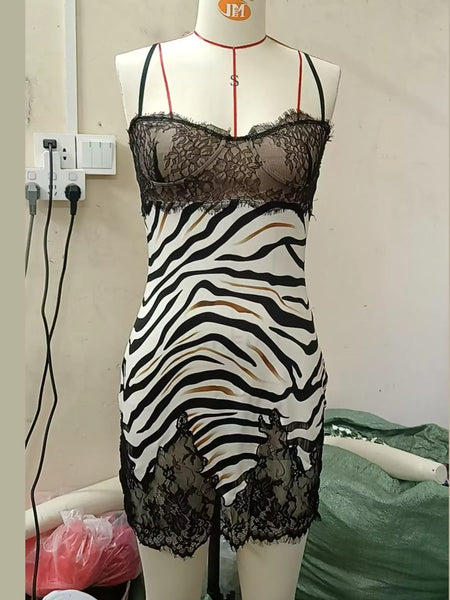 Zebra Print Lace Trim Spaghetti Strap Mini Dress - alternate view 4