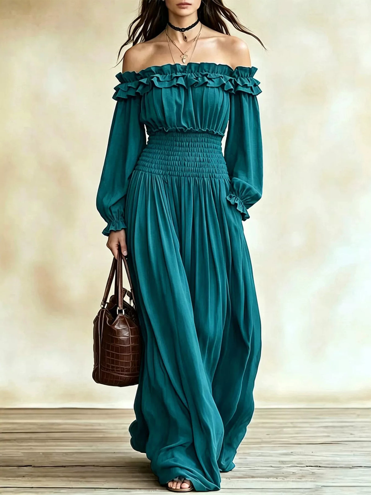 Full Size Off-Shoulder Ruffled Smocked Waist Maxi Dress with Pockets Plus Size - alternate view 7