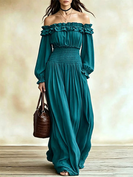 Full Size Off-Shoulder Ruffled Smocked Waist Maxi Dress with Pockets Plus Size - alternate view 7