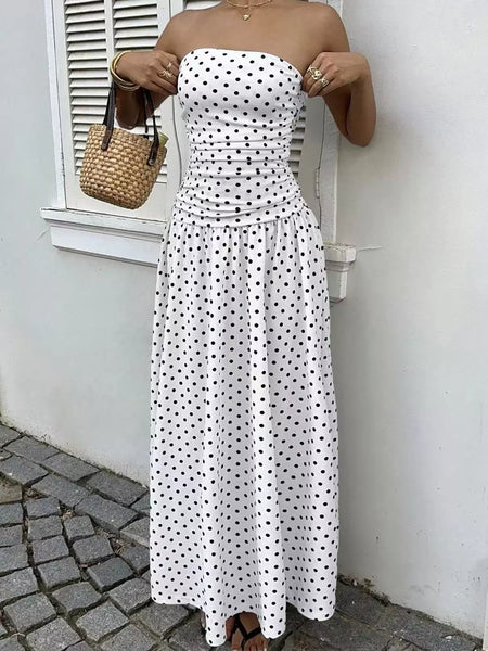Strapless Polka Dot Ruched Maxi Dress - alternate view 3