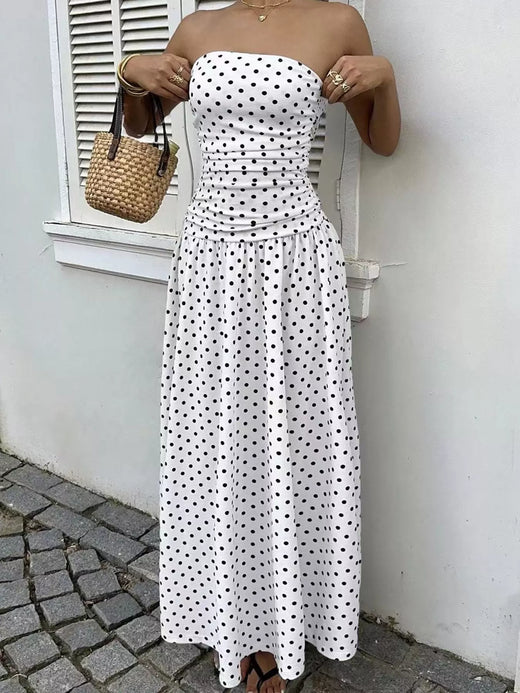 Strapless Polka Dot Ruched Maxi Dress - alternate view 3