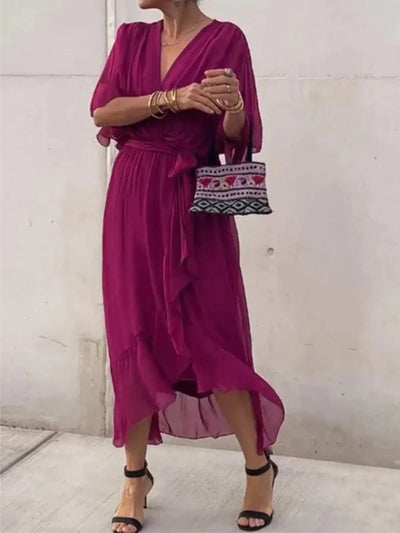 Flowy Tie Front Midi Dress with Flutter Sleeves - alternate view 13