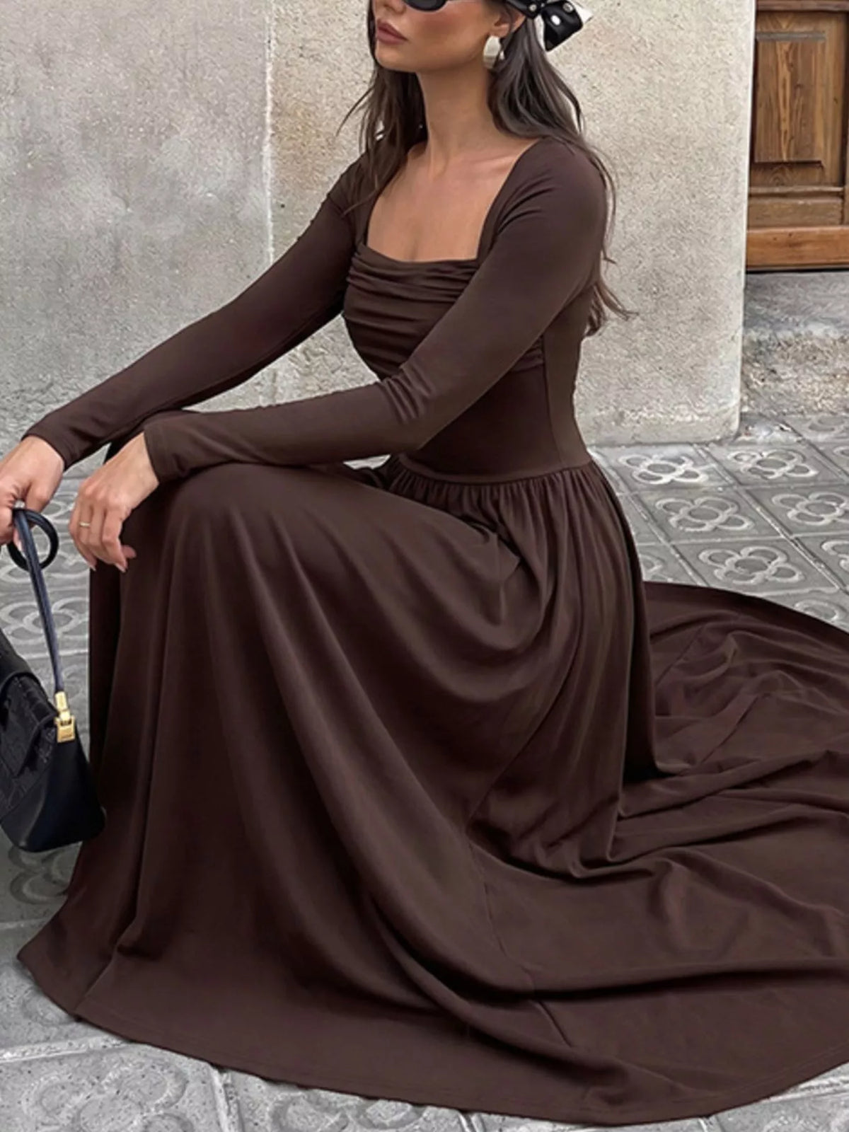 Ruched Square Neck Long Sleeve Maxi Dress - alternate view 2