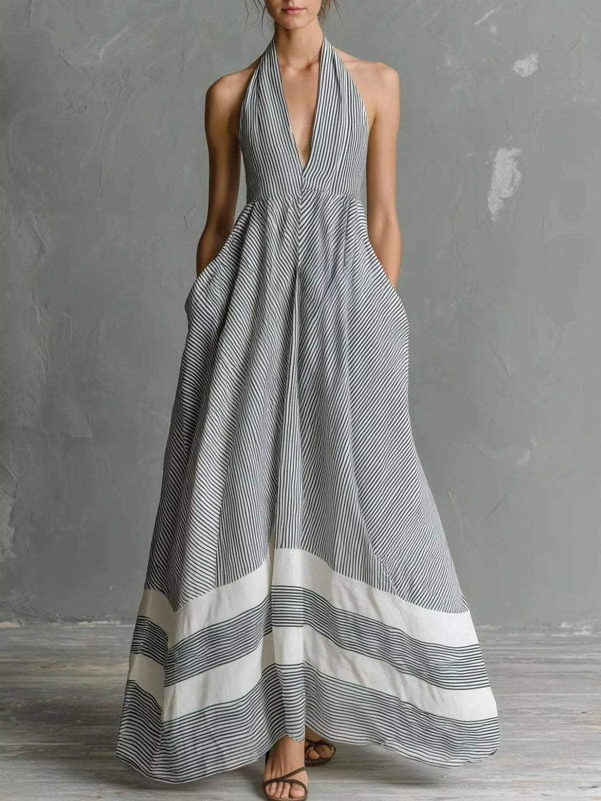 Striped Halter Neck Maxi Dress with Pockets