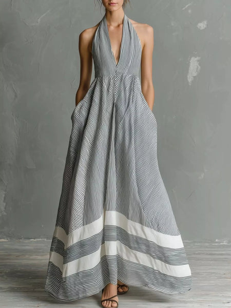 Striped Halter Neck Maxi Dress with Pockets