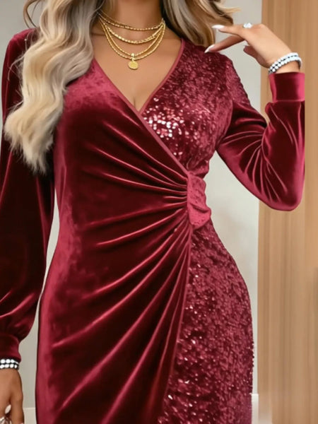 Velvet Sequin Long Sleeve Wrap Dress - alternate view 10