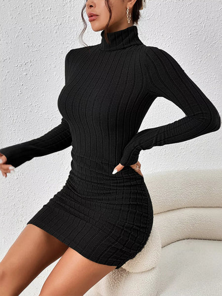 Christmas Outfit Turtleneck Ribbed Bodycon Knit Dress - alternate view 8