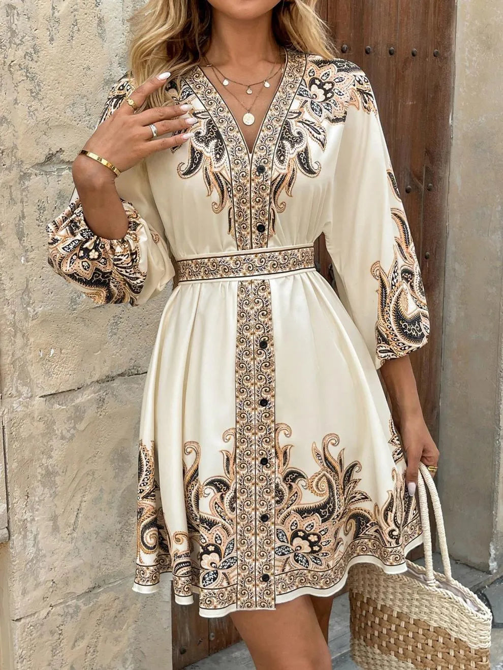 Paisley V-Neck 3/4 Sleeve Mini Dress - alternate view 11