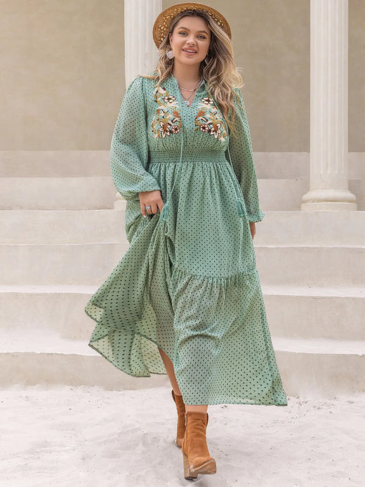Tassel Printed Tie Neck Long Sleeve Midi Dress - alternate view 5