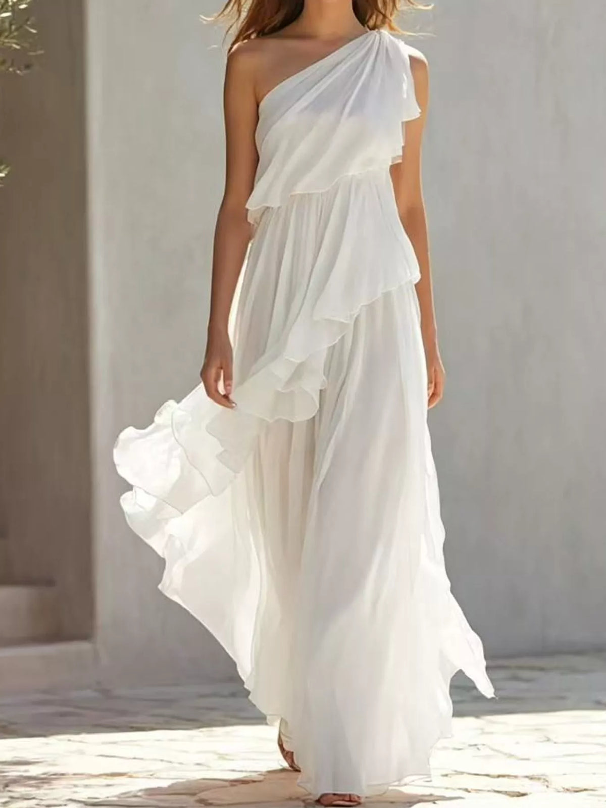 One-Shoulder Ruffled Chiffon Maxi Dress - alternate view 6
