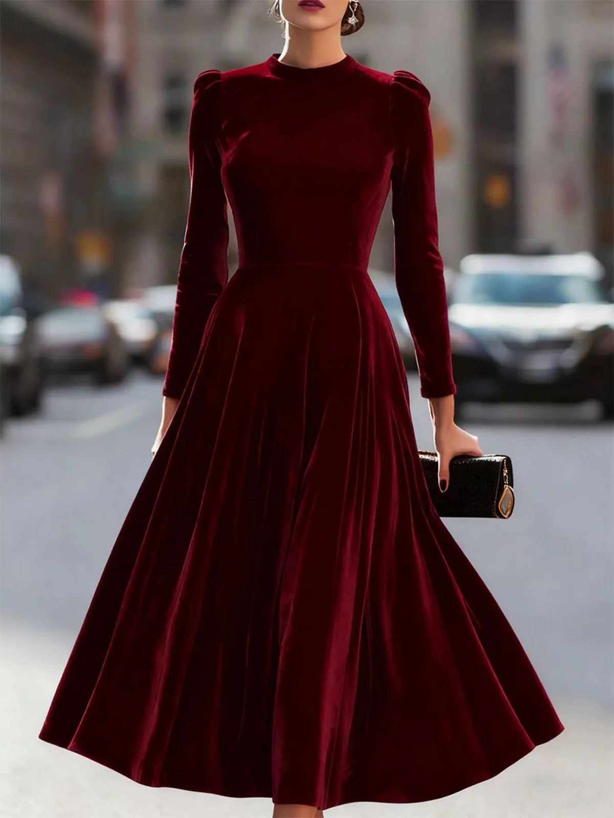 Velvet Long Sleeve A-Line Dress - alternate view 4