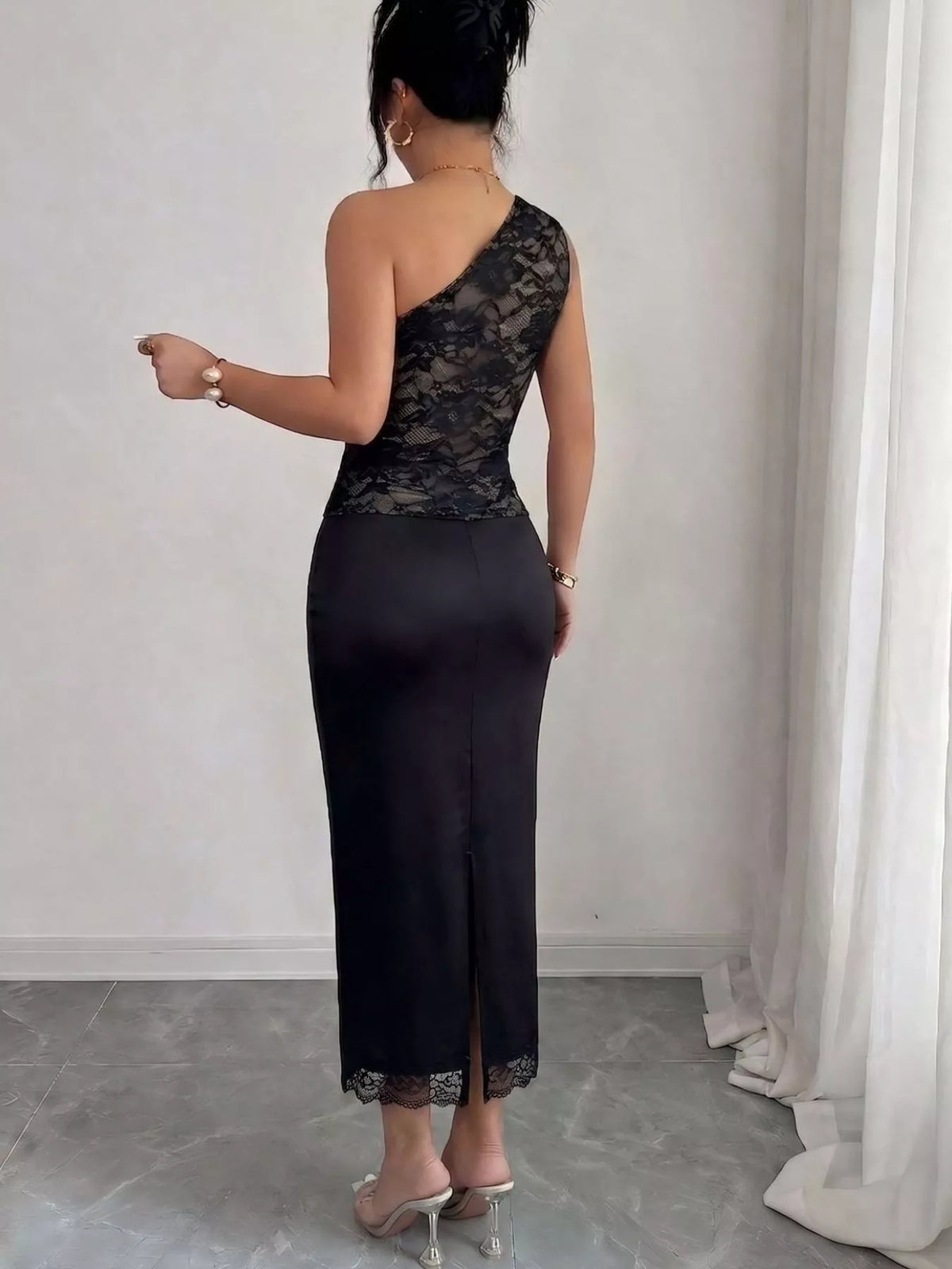 One-Shoulder Lace Trimmed Midi Dress - alternate view 3