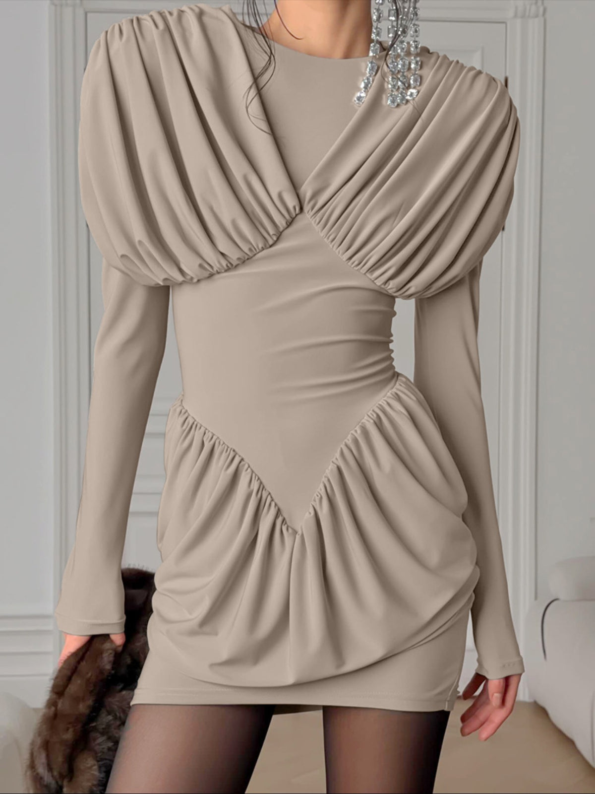 Ruched Long Sleeve Bodycon Mini Dress