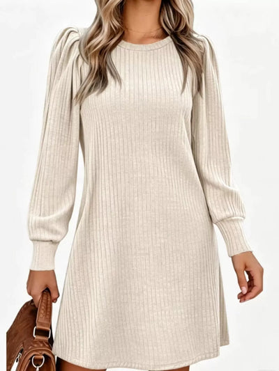 Puff Sleeve Ribbed Knit Long Sleeve Mini Dress with Pockets - alternate view 15