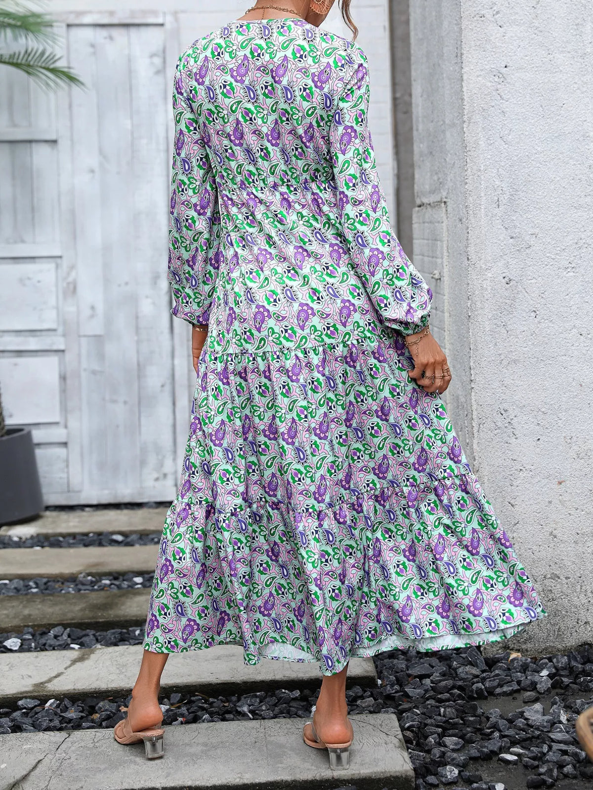 Printed V-Neck Long Sleeve Dress - alternate view 2