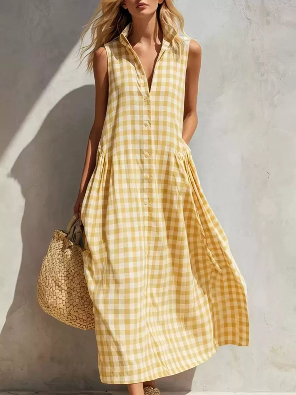 Full Size Sleeveless Gingham Button-Down Midi Dress Plus Size - alternate view 5