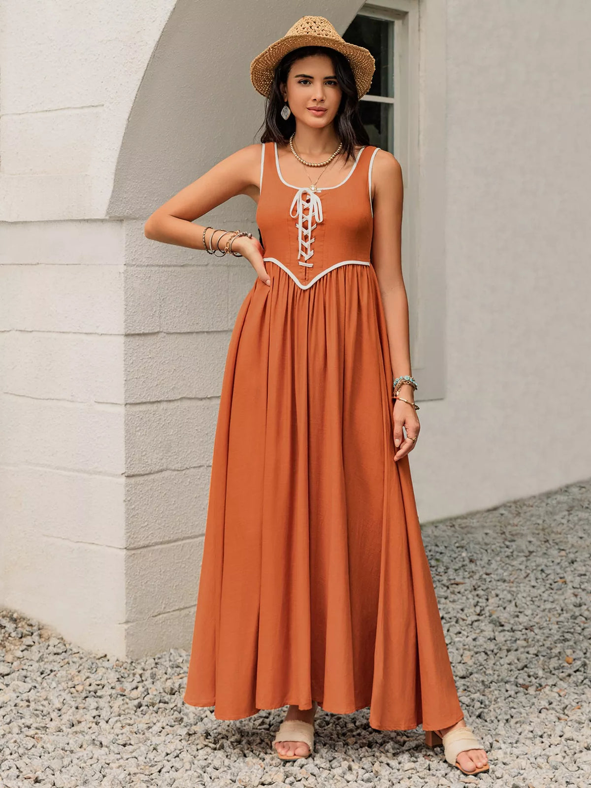 Contrast Trim Lace-Up Maxi Tank Dress - alternate view 5