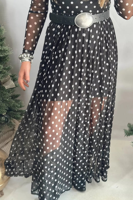 Polka Dot Sheer Mesh Long Sleeve Maxi Dress - alternate view 3