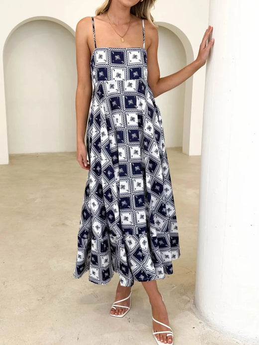 Printed Square Neck Sleeveless Midi Cami Dress