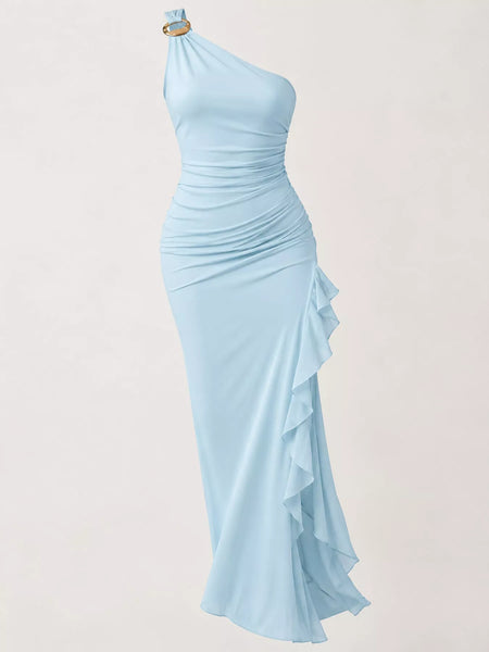 One-Shoulder Ruched Ruffle Hem Maxi Dress - alternate view 16