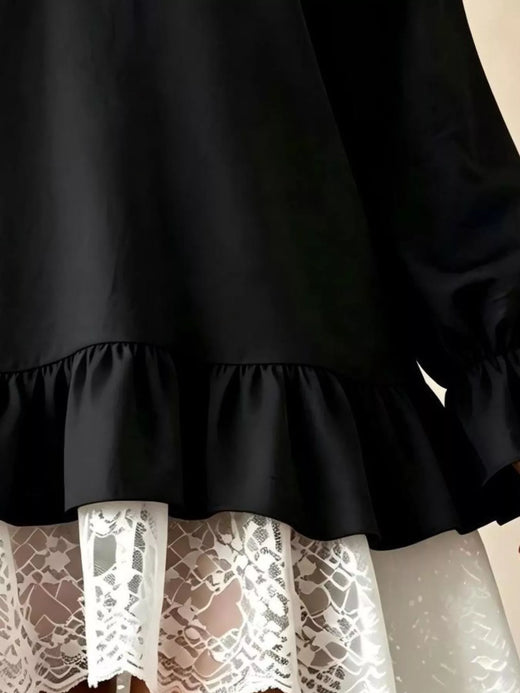 V-Neck Long Sleeve Ruffle Hem Lace Detail Dress - alternate view 2