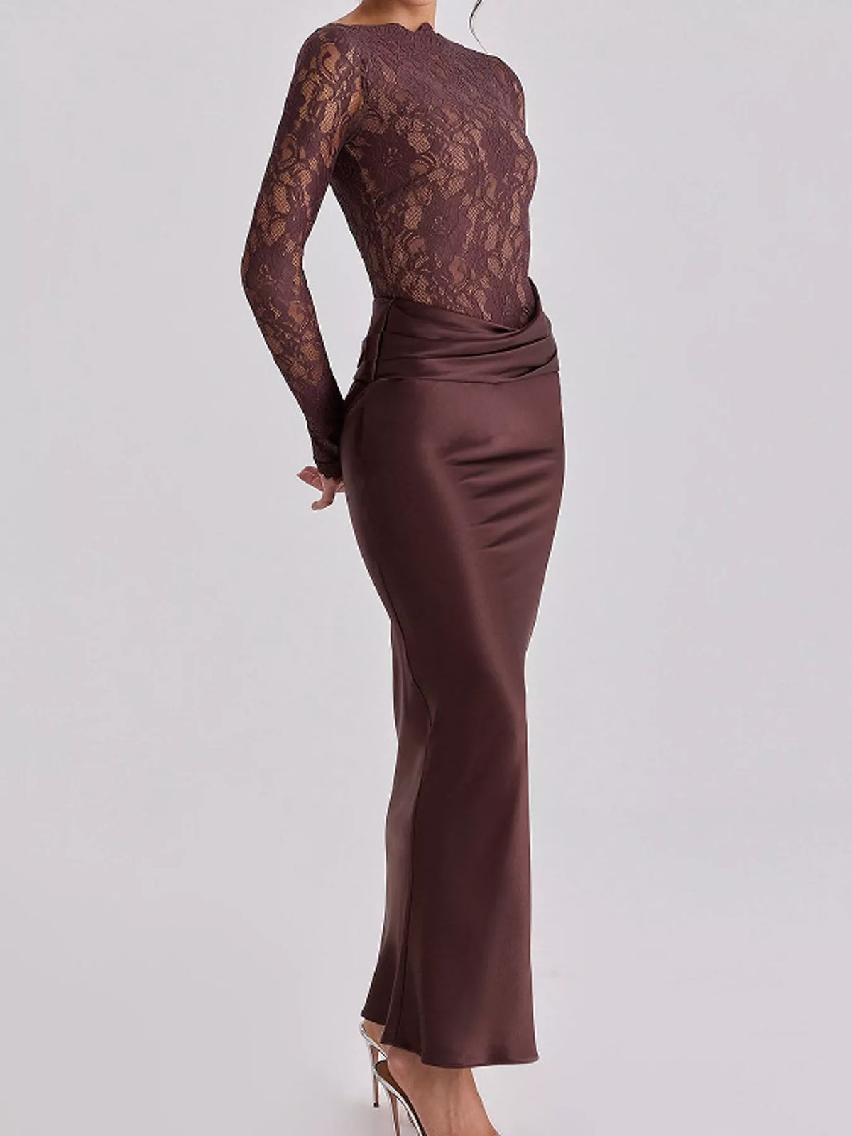 Long-Sleeve Lace and Satin Patchwork Maxi Dress