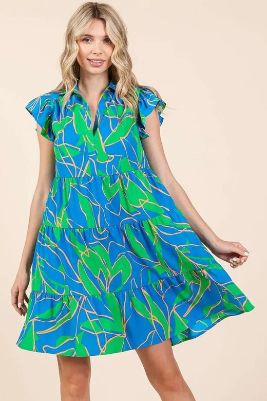 Leaf Print Ruffle Sleeve Tiered Mini Dress - alternate view 3