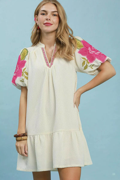 Floral Embroidered Textured Jacquard Dress