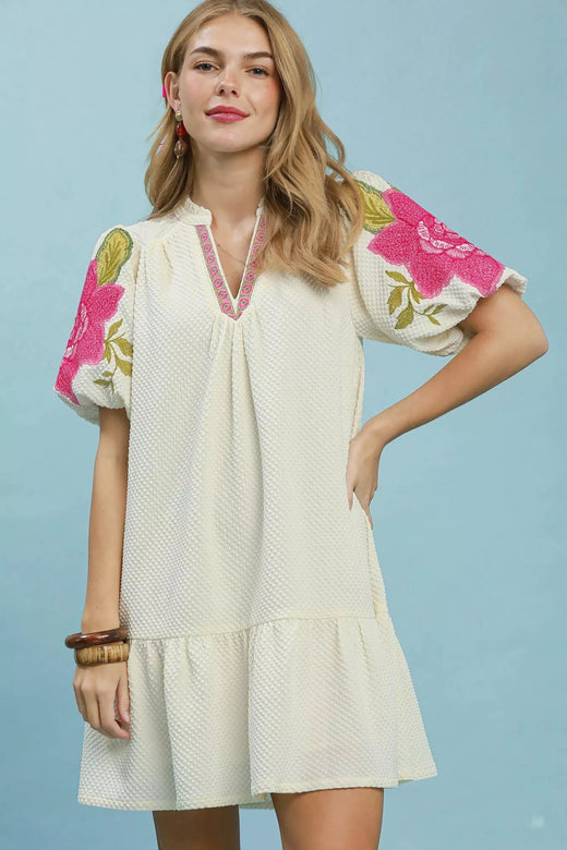 Floral Embroidered Textured Jacquard Dress