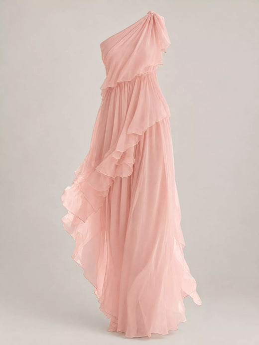 One-Shoulder Ruffled Chiffon Maxi Dress - alternate view 4