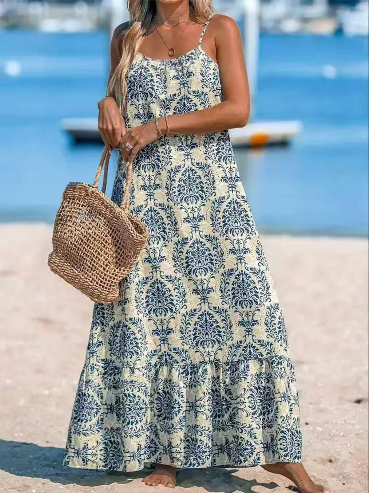 Plus Size Bohemian Spaghetti Strap Damask Print Maxi Beach Dress - alternate view 3