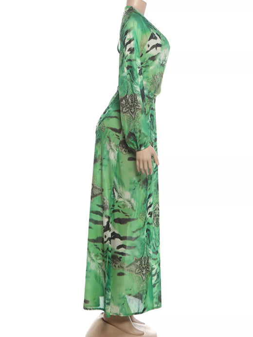 Deep V-Neck Long Sleeve Printed Maxi Dress - alternate view 6