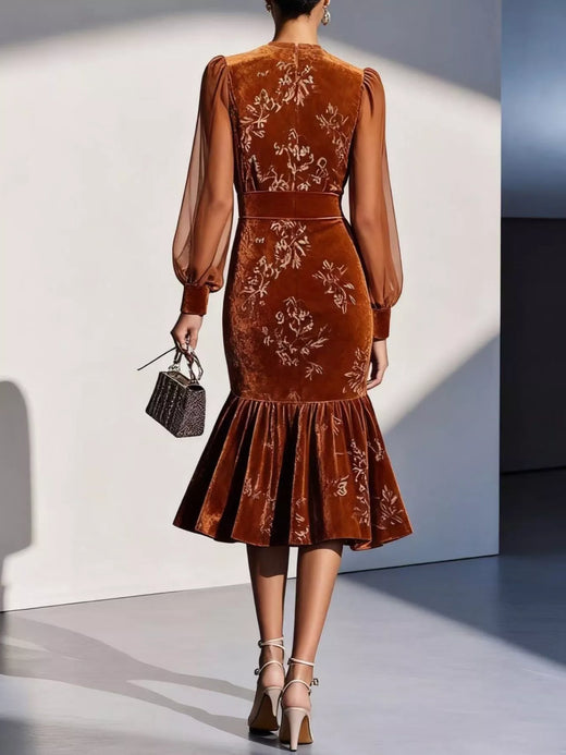 Velvet Floral Lantern Sleeve Midi Dress - alternate view 3