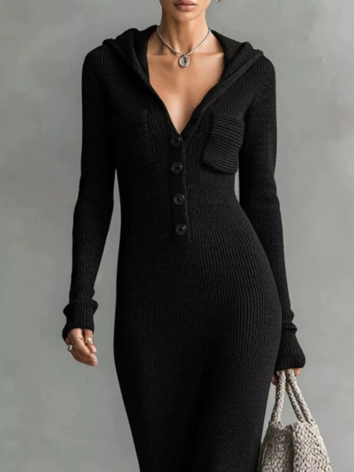 Hooded Knit Maxi Dress with Button-Up Placket and Chest Pockets - alternate view 9