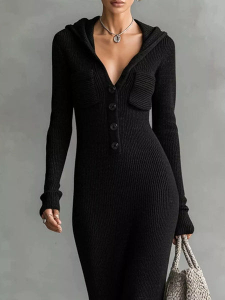 Hooded Knit Maxi Dress with Button-Up Placket and Chest Pockets - alternate view 9