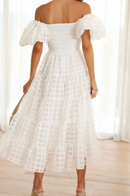 Off Shoulder Short Puff Sleeve Midi Dress - alternate view 14